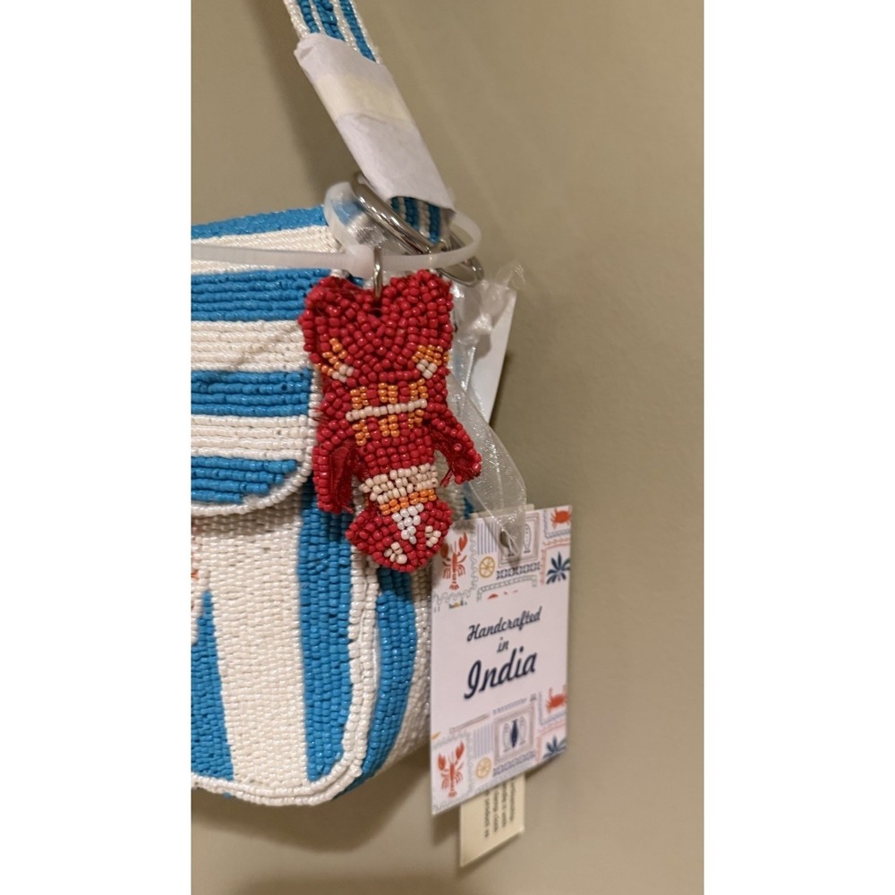 Handcrafted In India Beaded Lobster Stripe Bag Blue White Coastal Purse NWT - Picture 2 of 4